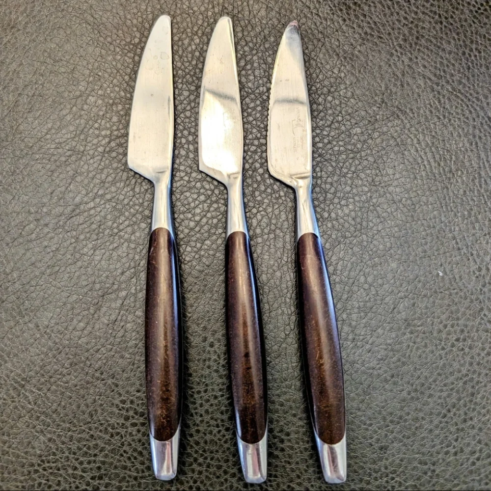 Vintage Viking Forged Stainless Knives Japan 3 Pieces Brown Wood Handle Flatware